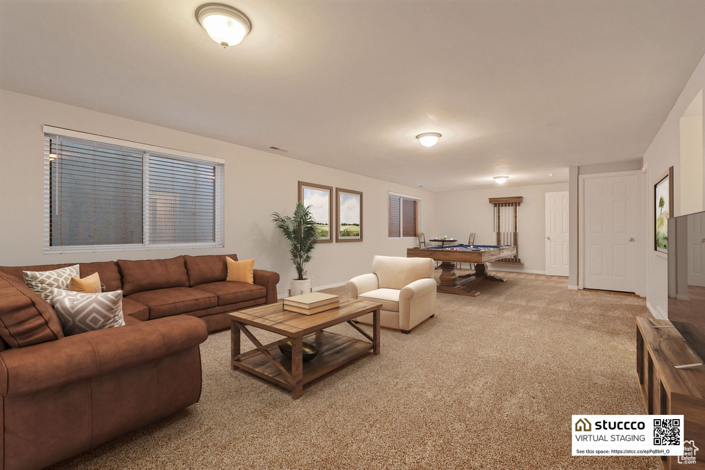 Carpeted living area featuring pool table