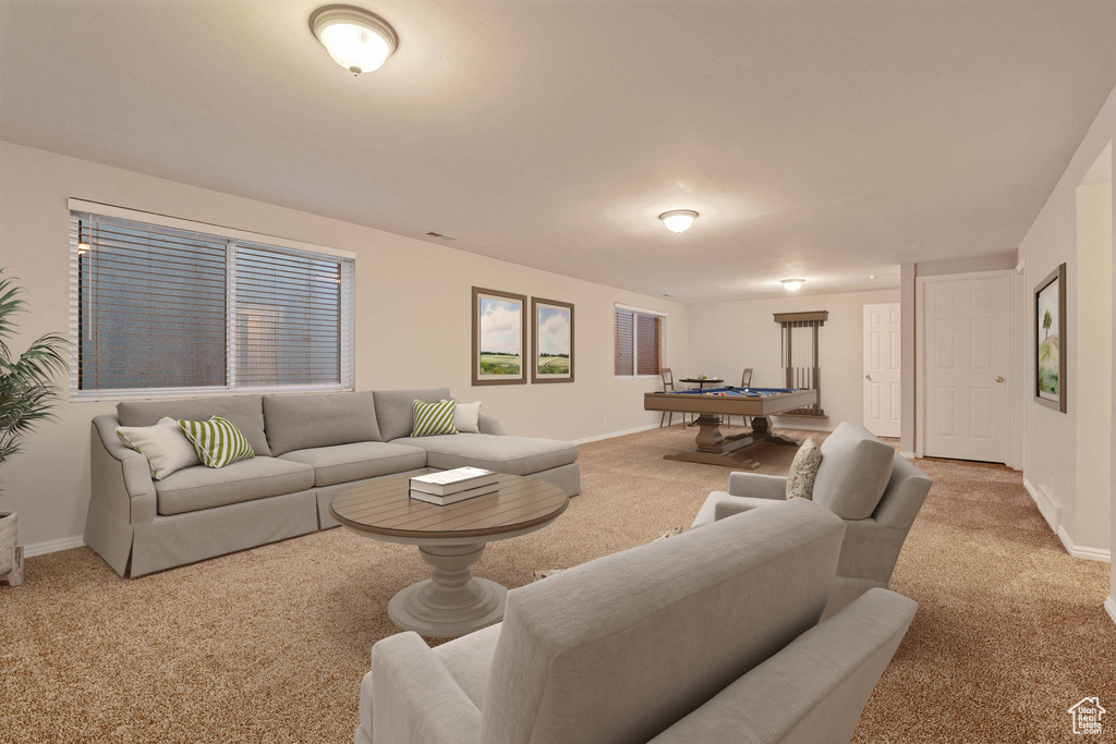 Living room featuring carpet and billiards
