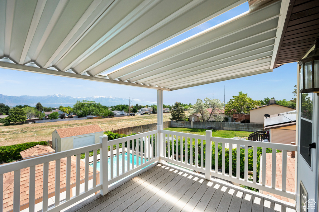 Deck featuring a fenced backyard and a mountain view
