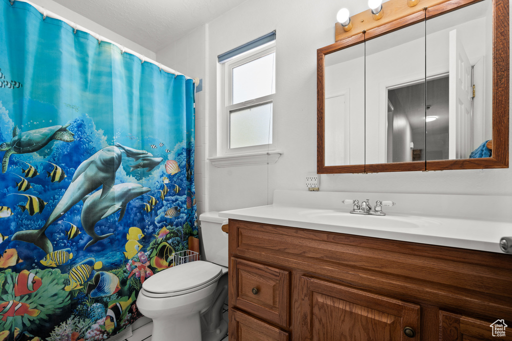 Full bath featuring vanity, toilet, and a shower with curtain