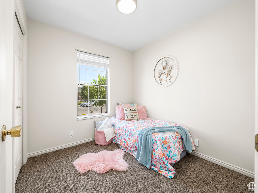 Carpeted bedroom featuring baseboards and a closet