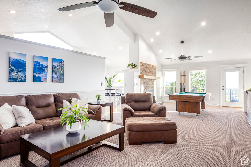 Living area with ceiling fan, light carpet, billiards table, recessed lighting, and baseboards