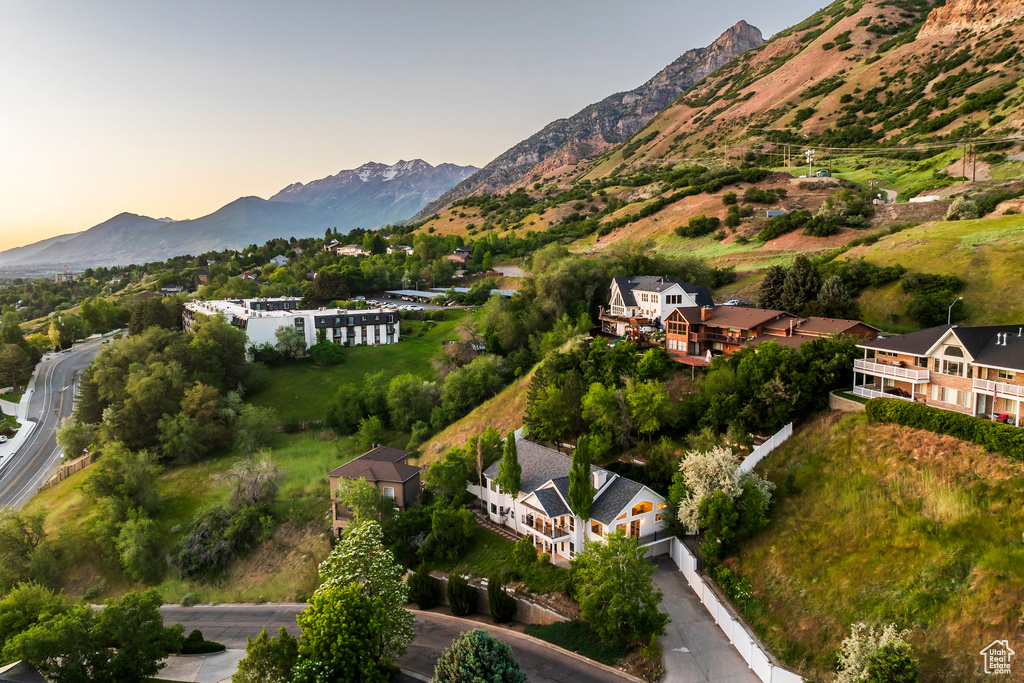 Aerial view at dusk of a mountain view