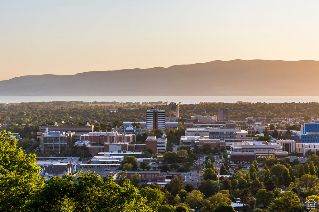 Aerial view at dusk of a mountain view