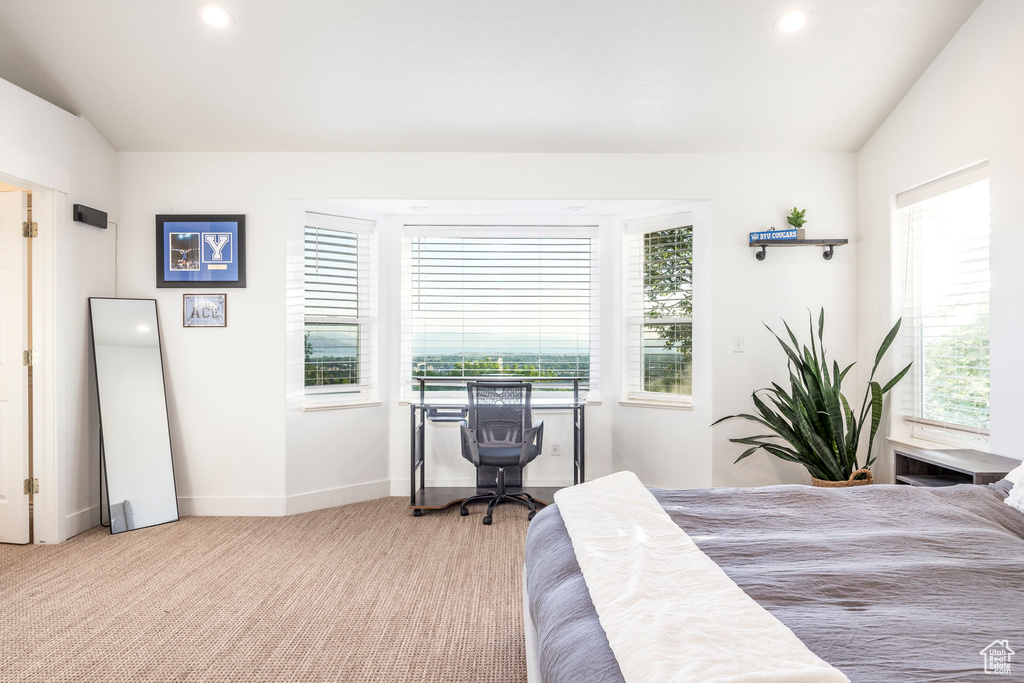 Carpeted bedroom featuring baseboards and recessed lighting