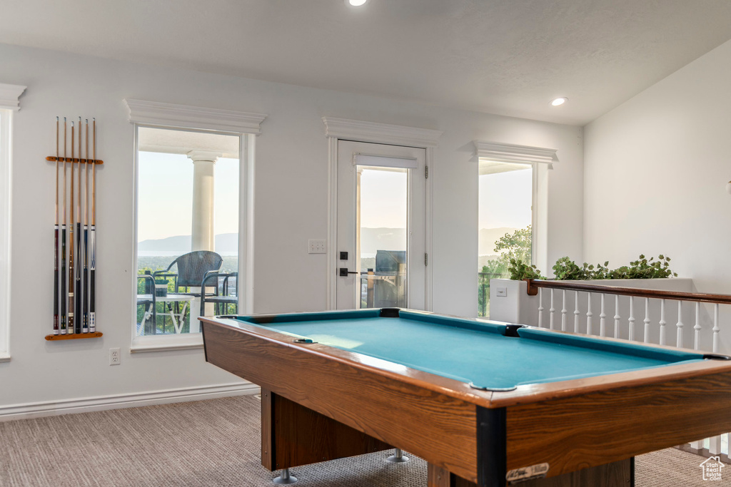 Recreation room with baseboards, carpet, pool table, and recessed lighting