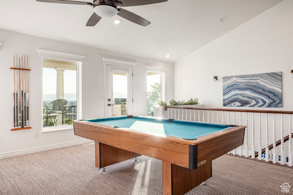 Rec room featuring carpet flooring, healthy amount of natural light, a ceiling fan, pool table, and recessed lighting