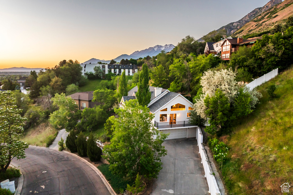 Aerial view at dusk of a mountain view