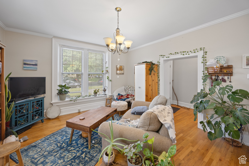 Living area with a chandelier, wood finished floors, ornamental molding, and baseboards