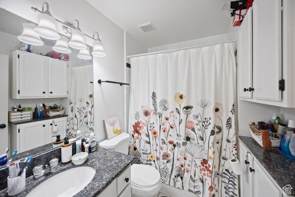 Bathroom with vanity, toilet, and a shower with curtain