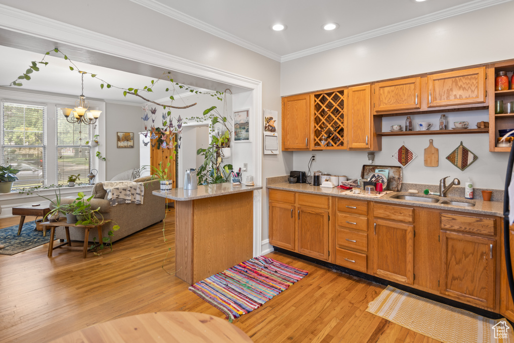 Kitchen featuring open shelves, a sink, light wood-style flooring, brown cabinets, and crown molding
