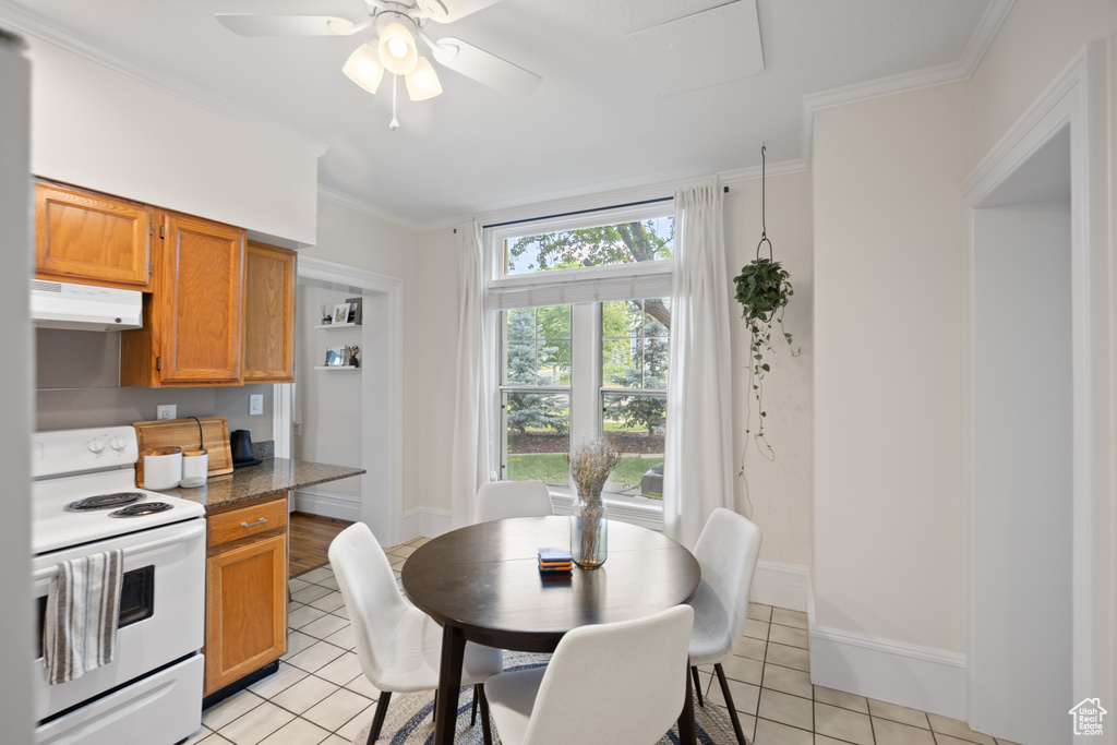 Kitchen featuring white range with electric cooktop, under cabinet range hood, light tile patterned flooring, ceiling fan, and crown molding