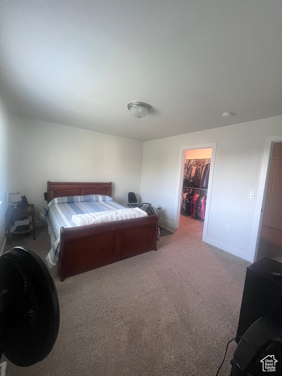 Bedroom featuring carpet, a spacious closet, baseboards, and a closet