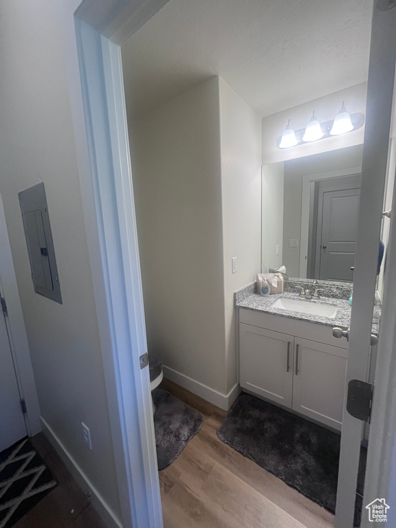 Bathroom with wood finished floors, vanity, toilet, baseboards, and electric panel