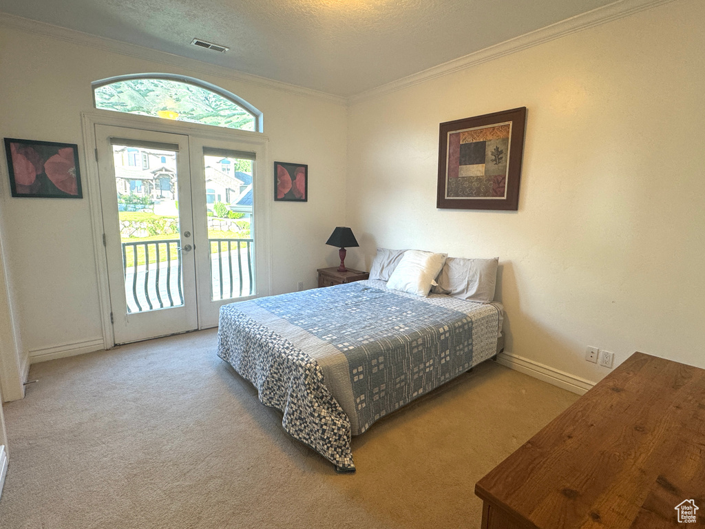 Bedroom with french doors, access to outside, ornamental molding, carpet, and baseboards