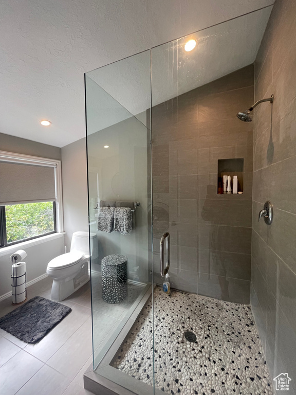 Full bathroom with a stall shower, toilet, tile patterned floors, and recessed lighting