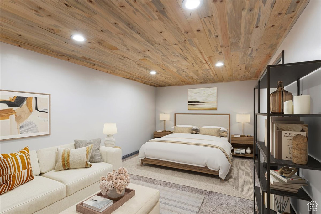 Bedroom featuring wooden ceiling, recessed lighting, and carpet floors