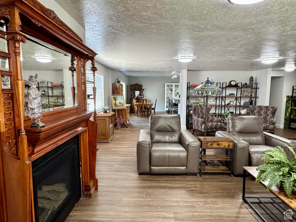 Living room featuring light wood-style floors, a fireplace, and a textured ceiling