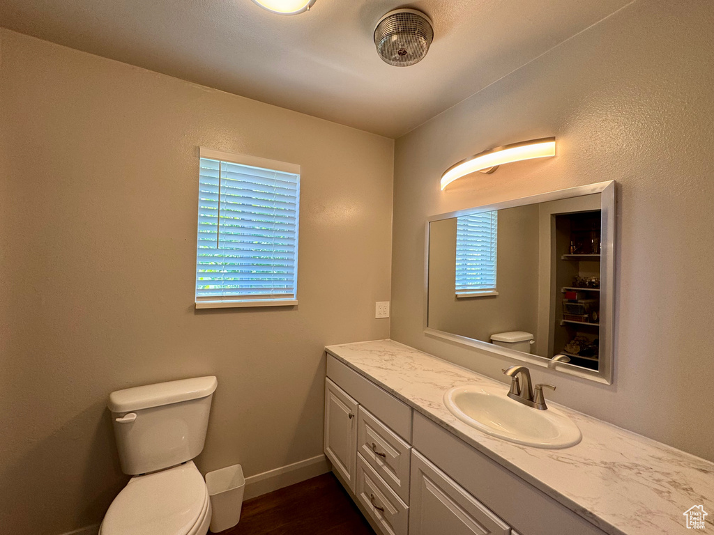 Bathroom featuring toilet, vanity, wood finished floors, and baseboards