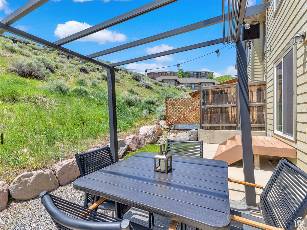 View of patio with outdoor dining area and a pergola