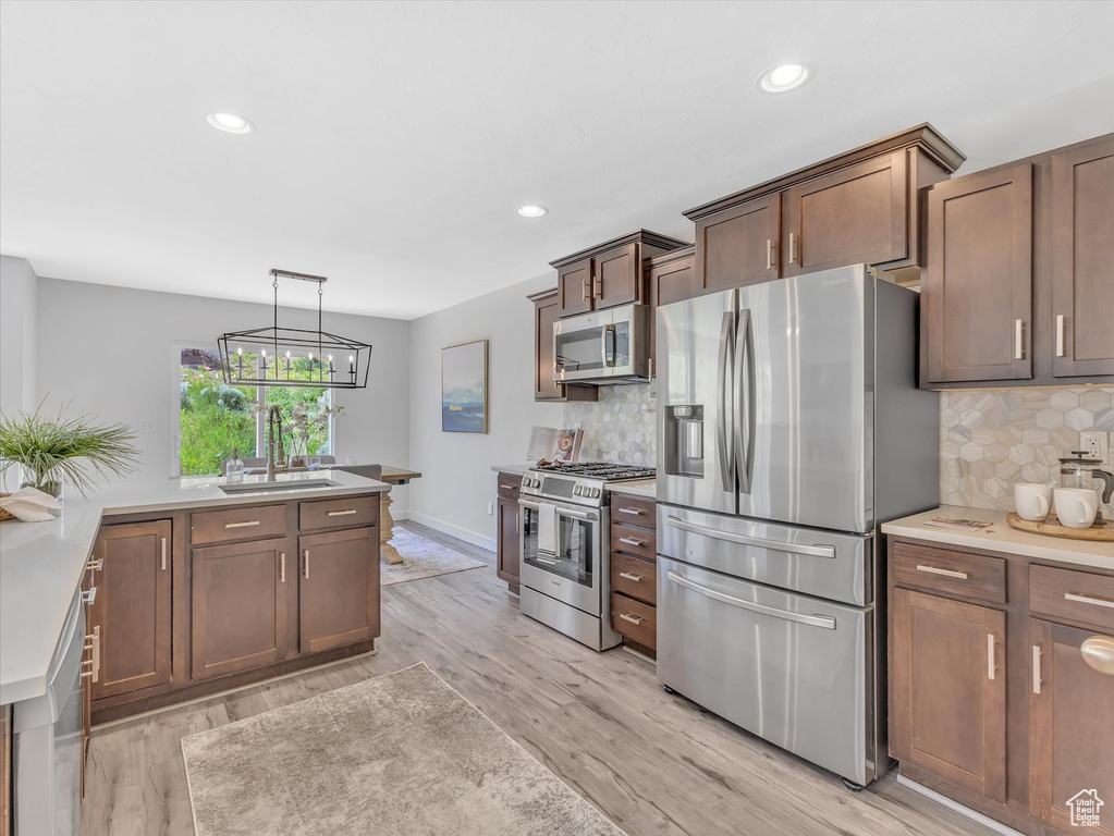 Kitchen with stainless steel appliances, a sink, light wood-style flooring, backsplash, and recessed lighting