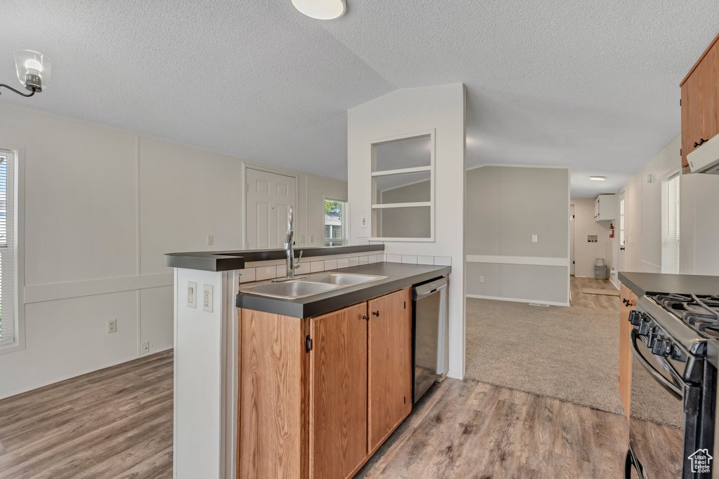 Kitchen featuring stainless steel dishwasher, a sink, dark countertops, lofted ceiling, and black gas range