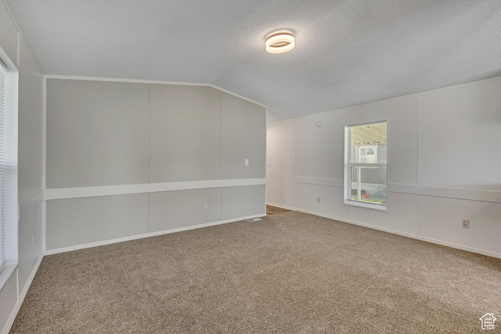 Carpeted empty room featuring lofted ceiling and a textured ceiling