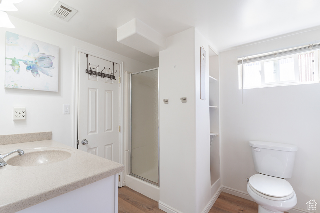 Full bathroom with wood finished floors, vanity, a stall shower, and toilet