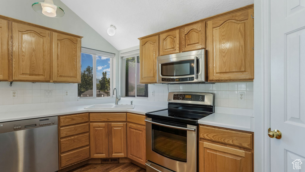 Kitchen with stainless steel appliances, lofted ceiling, a sink, backsplash, and dark wood finished floors