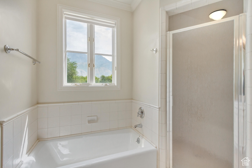 Bathroom featuring shower with separate bathtub and crown molding