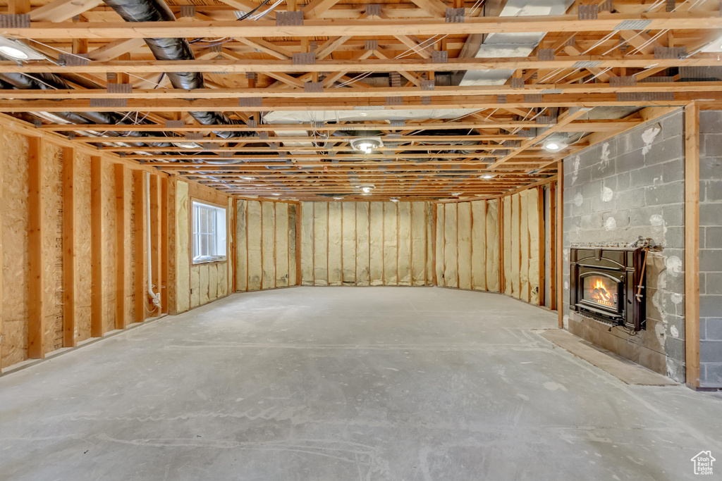 Basement with a fireplace