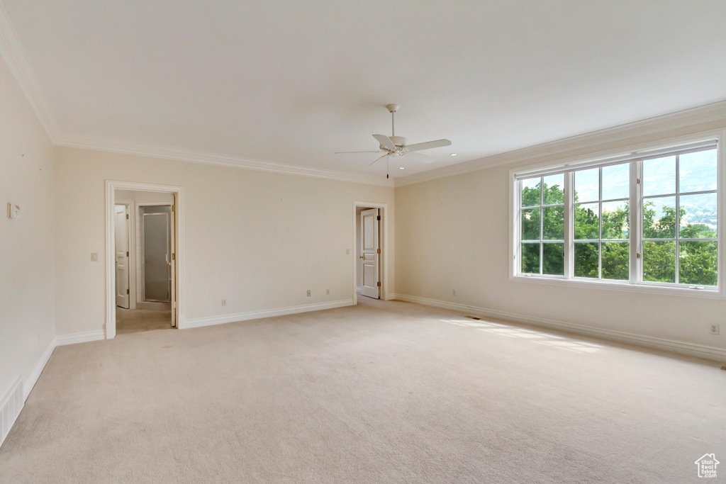 Carpeted spare room with ceiling fan and ornamental molding
