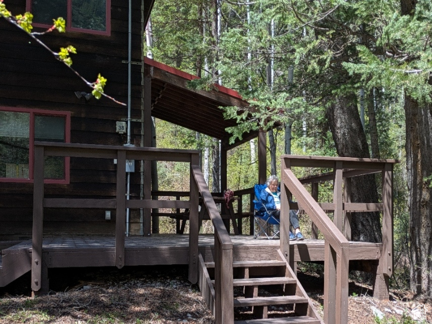 View of yard with a wooden deck and stairway