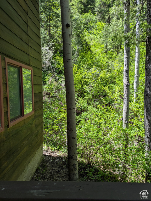 View of yard featuring a view of trees