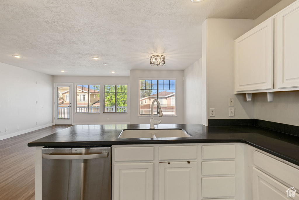 Kitchen featuring stainless steel dishwasher, a sink, dark countertops, a peninsula, and a textured ceiling