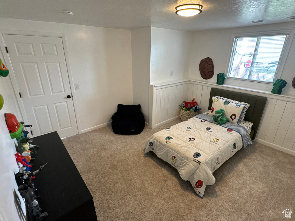 Bedroom with carpet flooring, wainscoting, and a textured ceiling