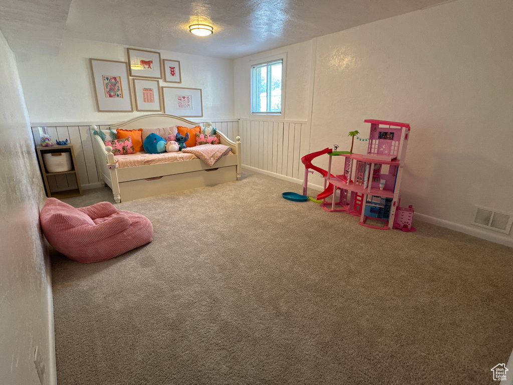 Recreation room featuring carpet floors and a wainscoted wall