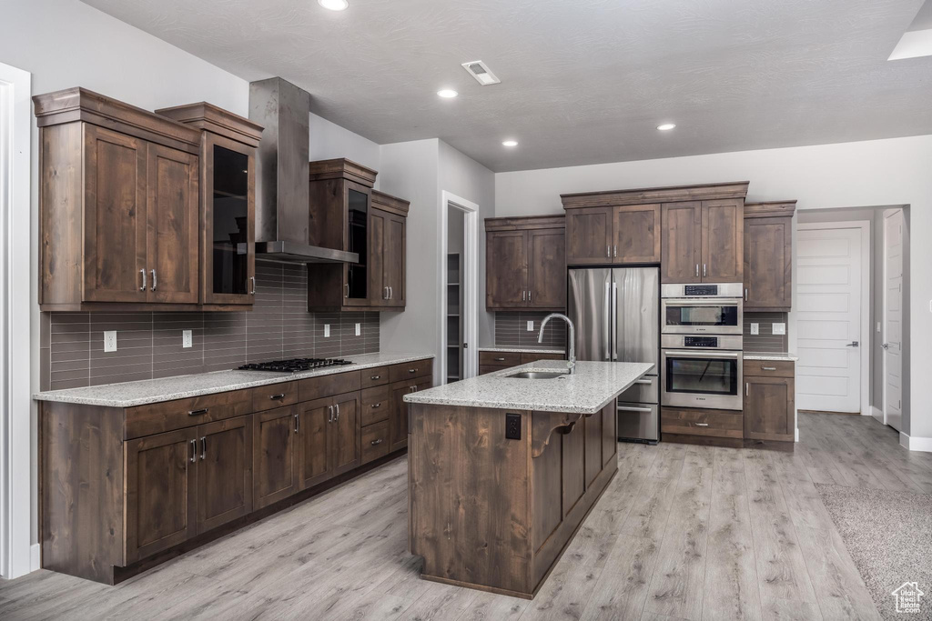Kitchen featuring exhaust hood, appliances with stainless steel finishes, light wood-style flooring, a sink, and recessed lighting