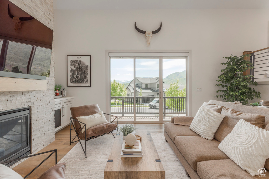 Living area featuring a fireplace, light wood finished floors, and a mountain view
