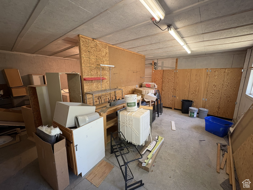 Garage with wood walls