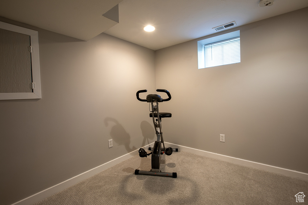 Workout room featuring baseboards and carpet floors