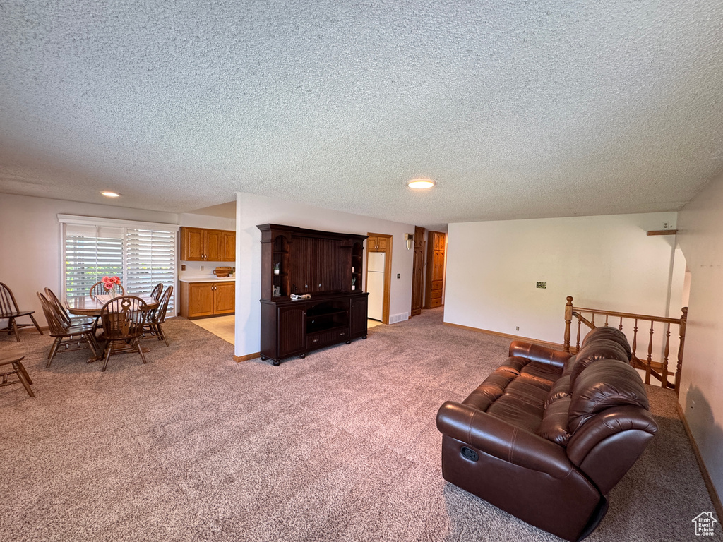 Living room with a textured ceiling, light colored carpet, and baseboards