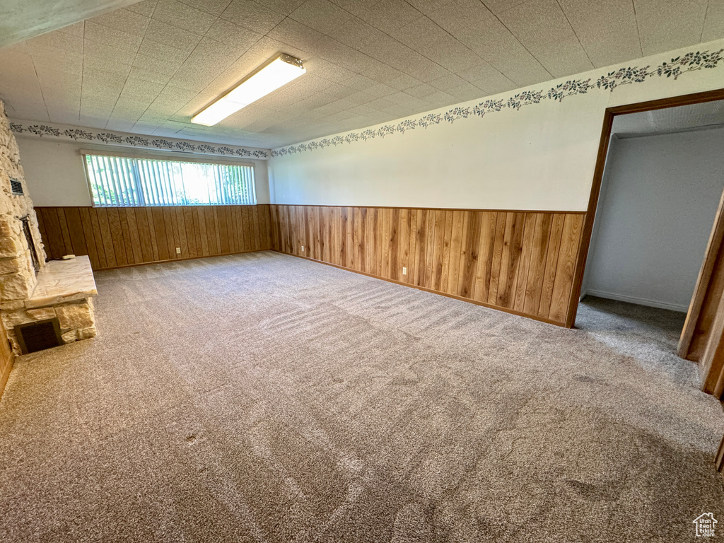 Carpeted spare room featuring wainscoting and wood walls