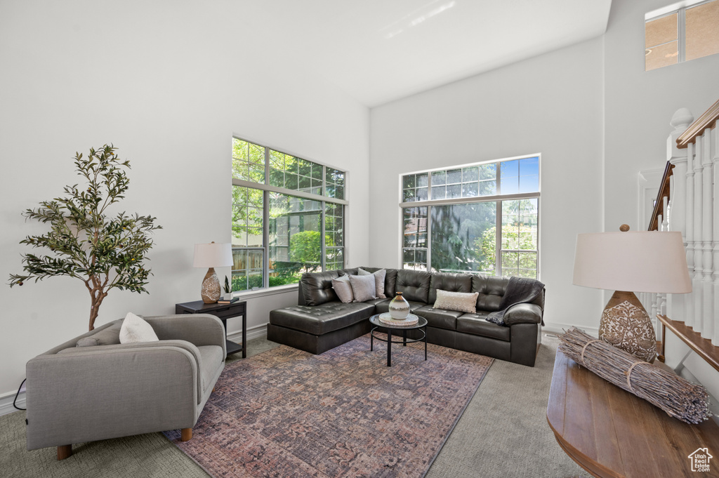 Carpeted living area featuring a towering ceiling, healthy amount of natural light, and baseboards