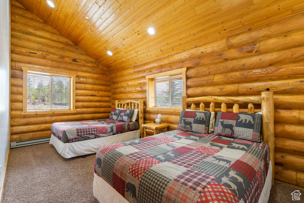 Bedroom featuring carpet flooring, a baseboard radiator, wooden ceiling, lofted ceiling, and recessed lighting