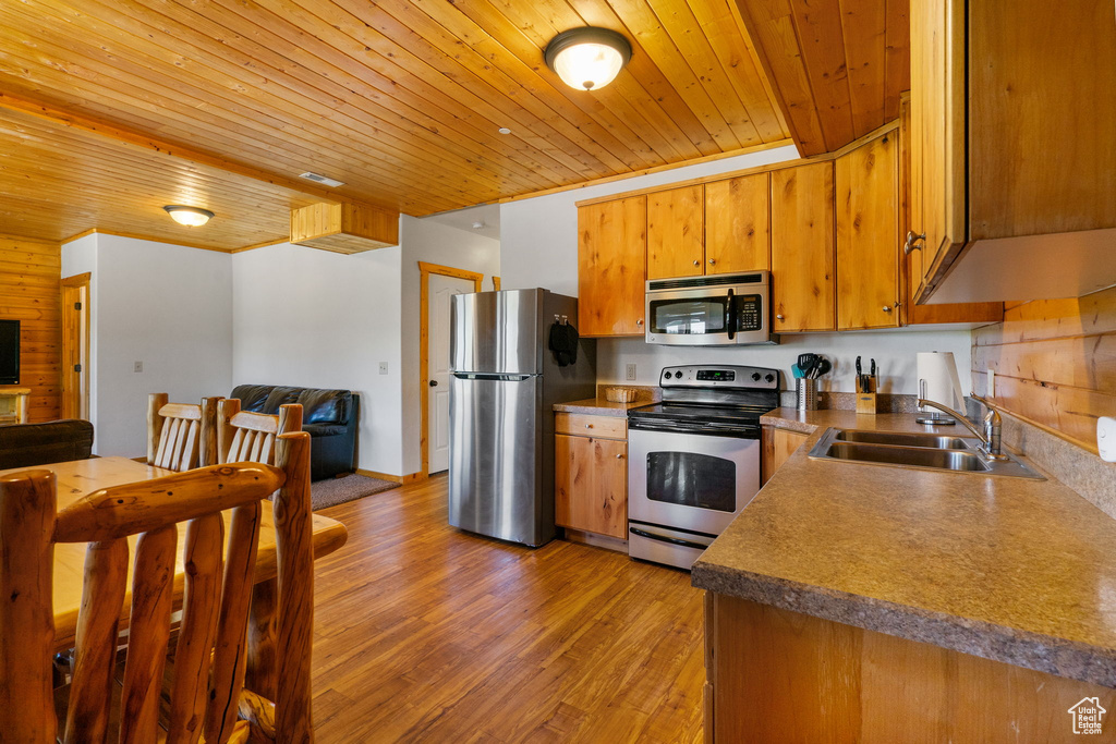 Kitchen featuring appliances with stainless steel finishes, a sink, wood ceiling, light wood-style flooring, and brown cabinets