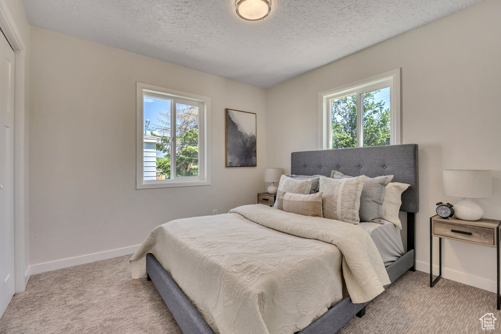 Bedroom featuring light colored carpet, a textured ceiling, and baseboards