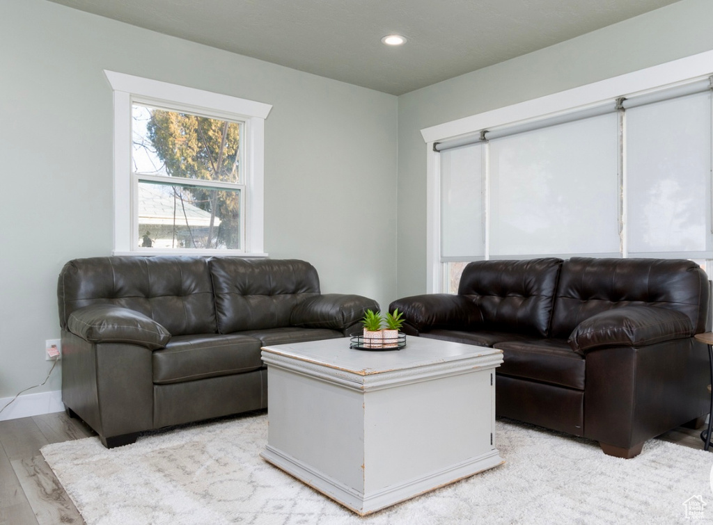 Living room featuring light wood finished floors and recessed lighting
