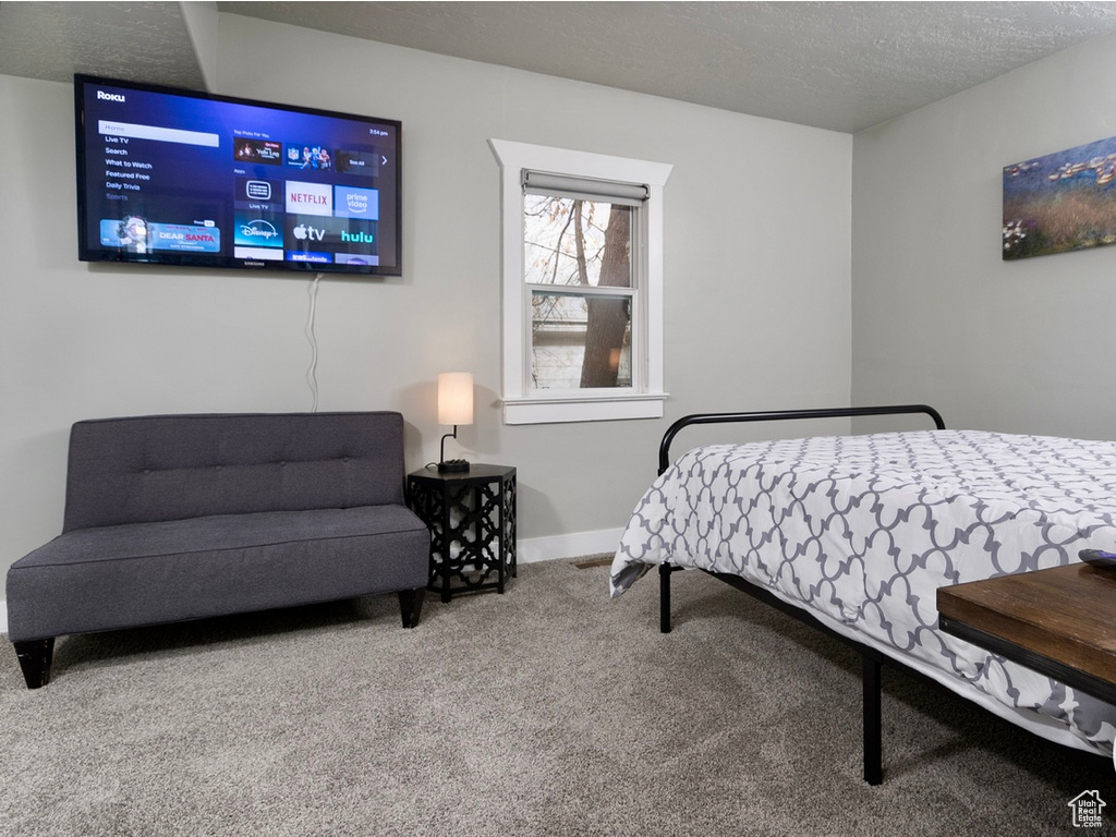 Carpeted bedroom with a textured ceiling and baseboards