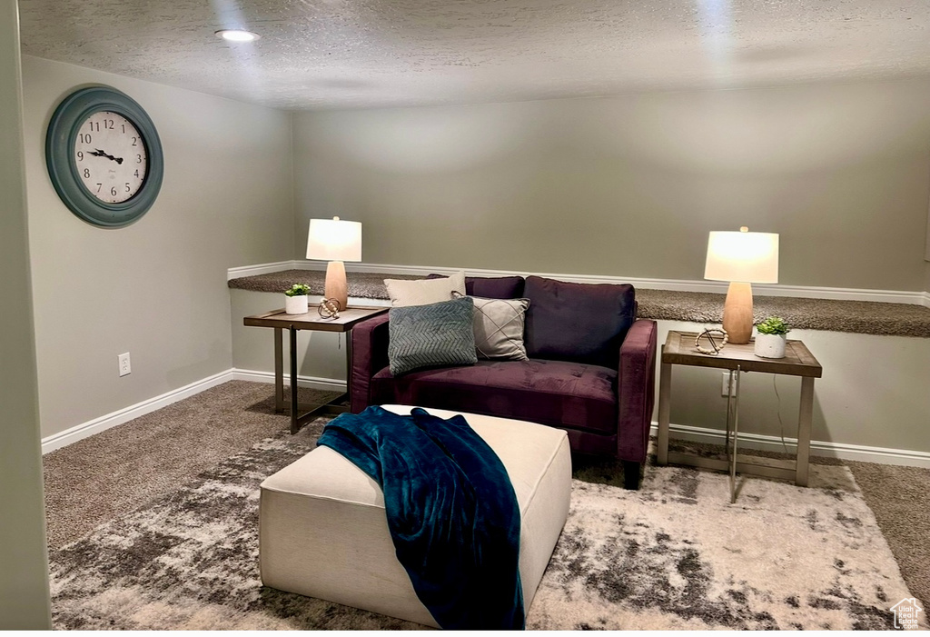 Carpeted living room with a textured ceiling and baseboards